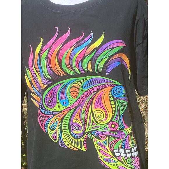Vintage Neon Mohawk Skull Size Medium Black T-Shirt Short Sleeve 2 Sided Skulls - Picture 2 of 12